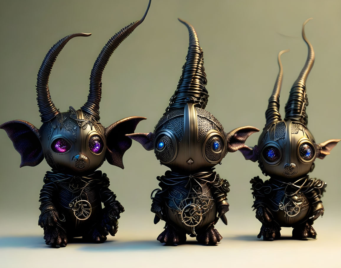 Three ornate mechanical creatures with horned heads and large luminescent eyes.