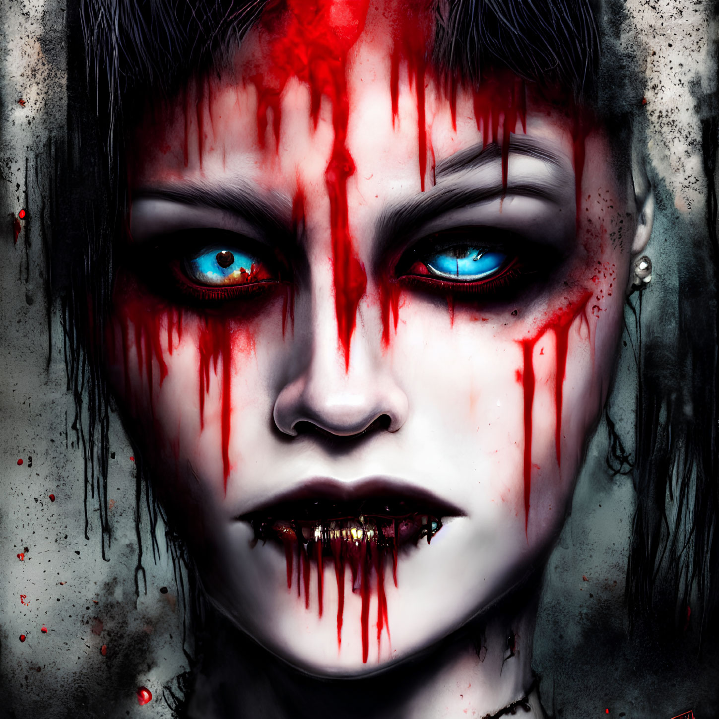 Digital portrait with intense blue eyes, black lips, and red streams.