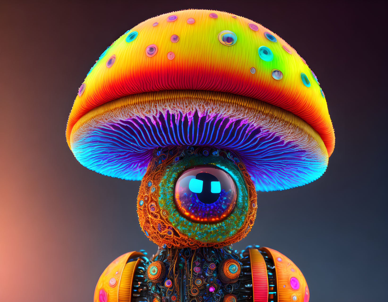 Colorful whimsical robotic figure with mushroom cap head and cartoon-like eyes