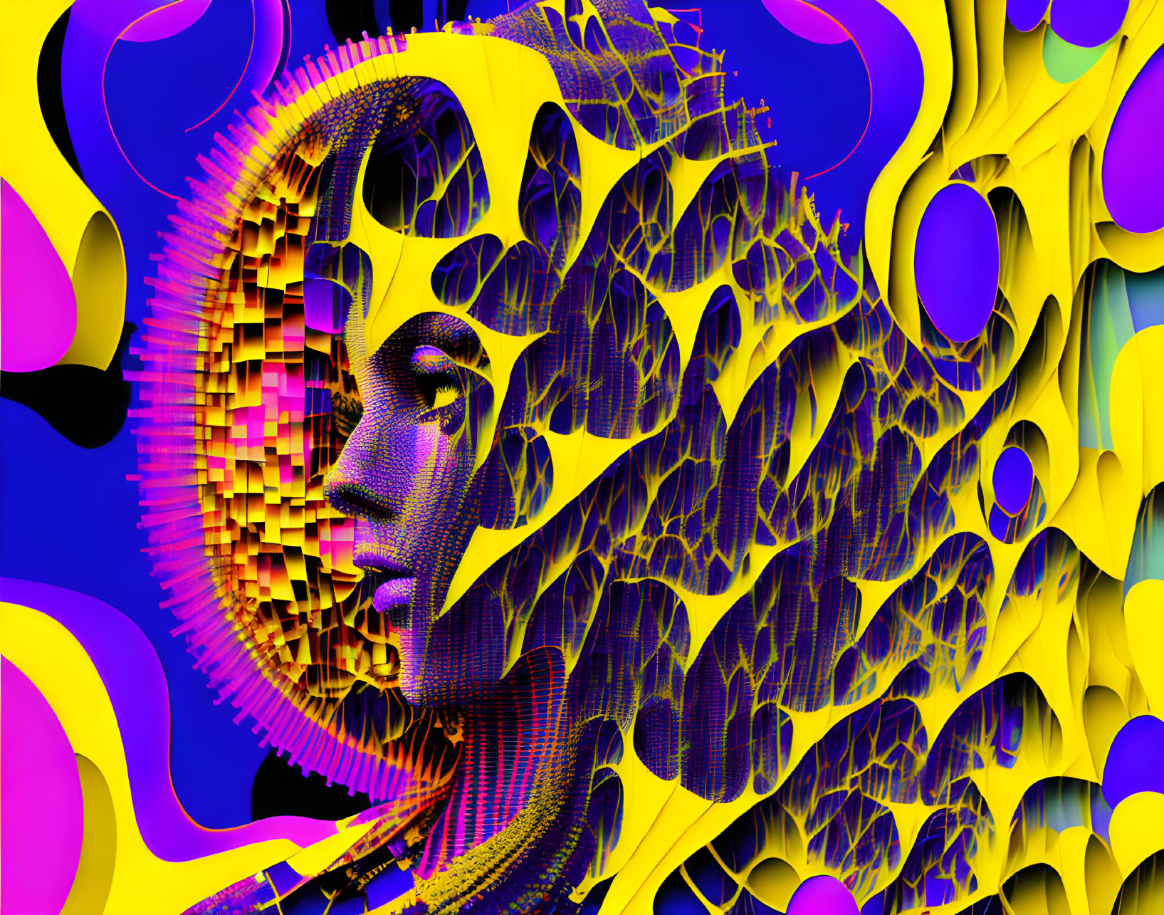 Vibrant Yellow and Purple Abstract Digital Art with Female Silhouette