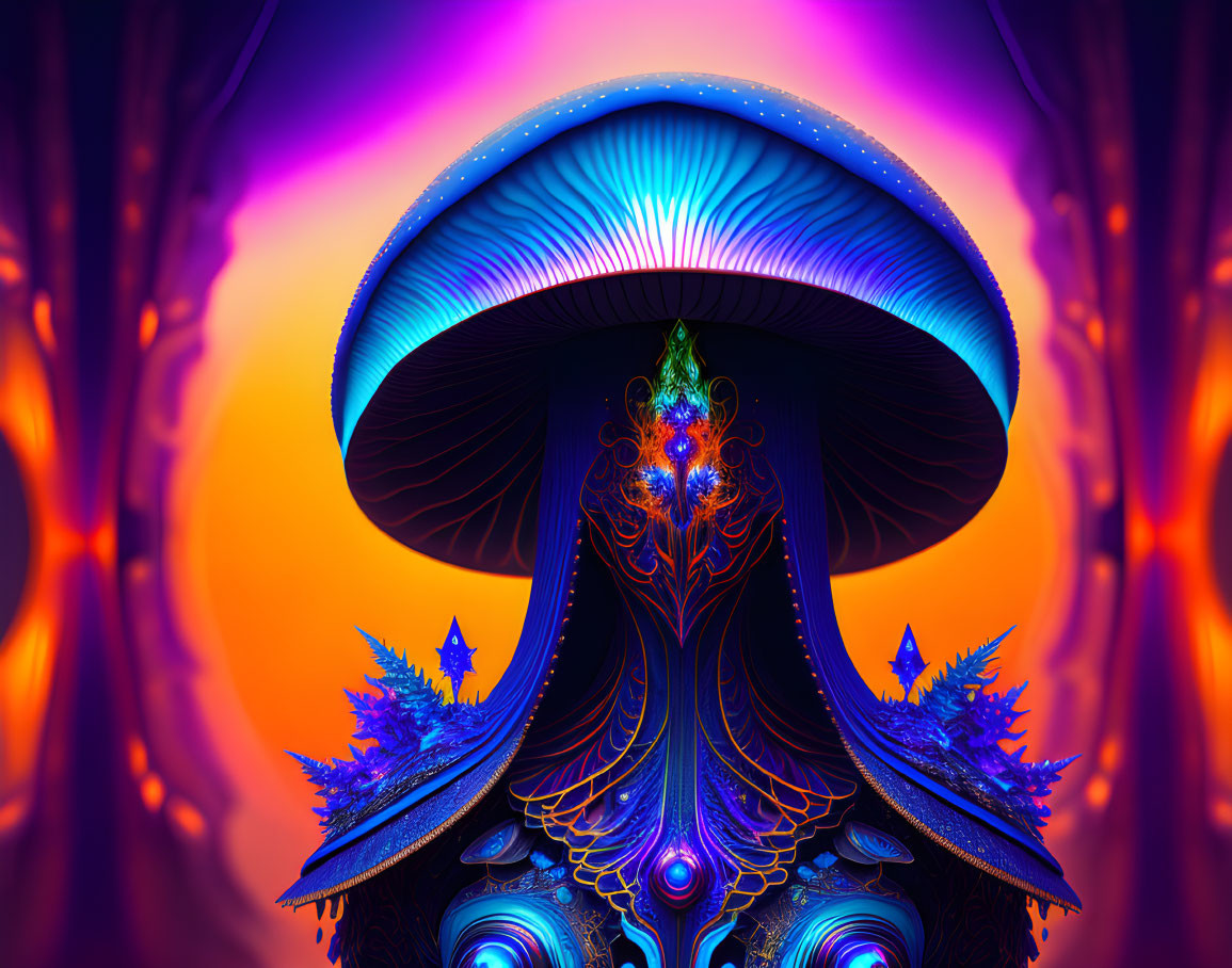 Abstract digital artwork: Vibrant mushroom-like structure with intricate patterns on luminous background