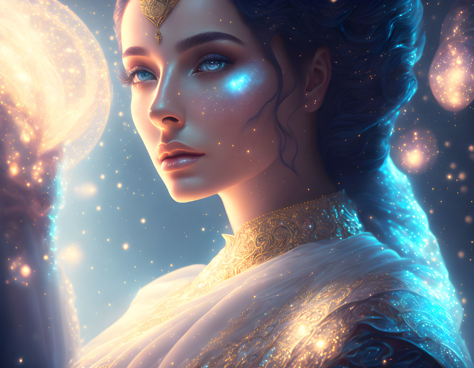 Digital art portrait of woman with blue skin, gold jewelry, and cosmic background.