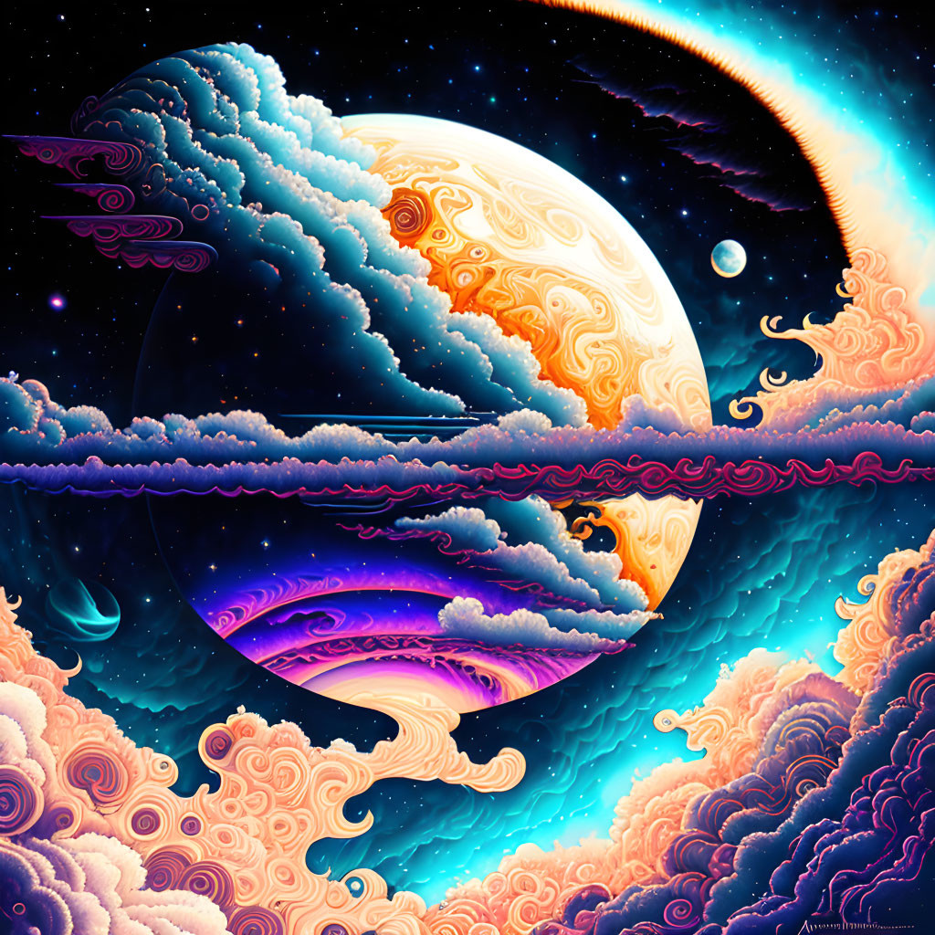 Colorful digital artwork: Swirling clouds and celestial bodies in surreal space.