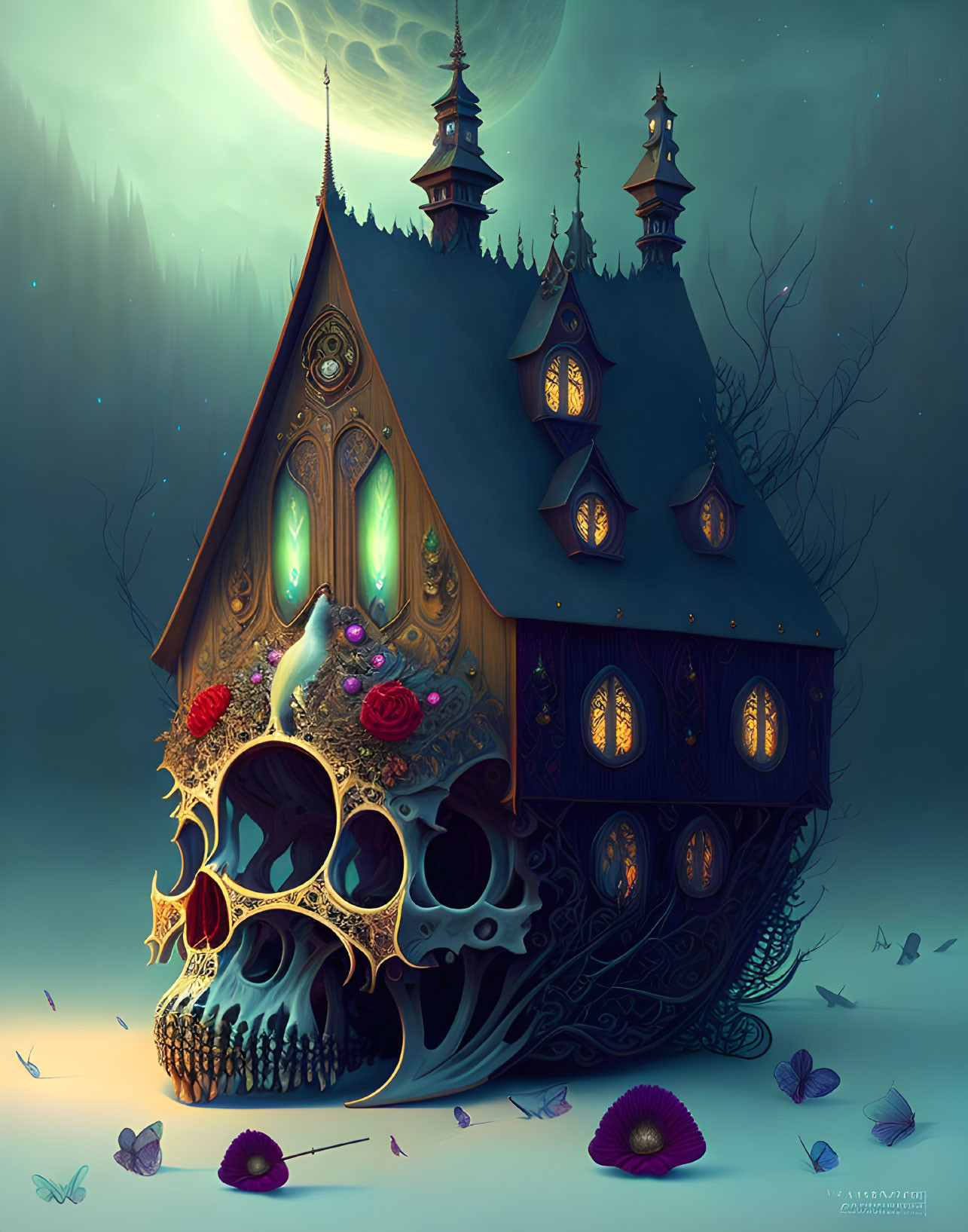 Gothic fantasy house on giant skull with moths and glowing flowers