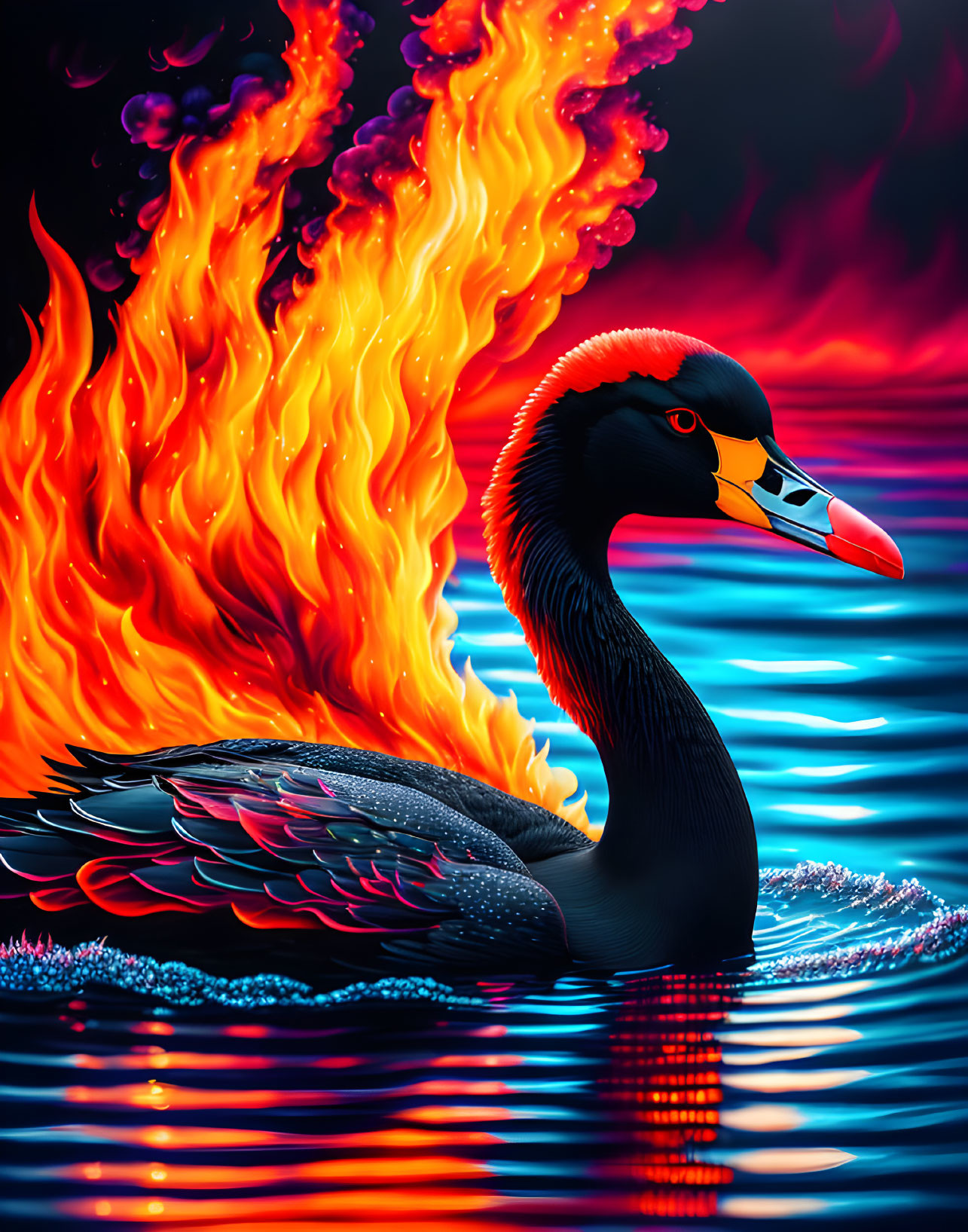 Colorful digital artwork of a swan against flaming backdrop, neon blue and red feathers, reflecting on