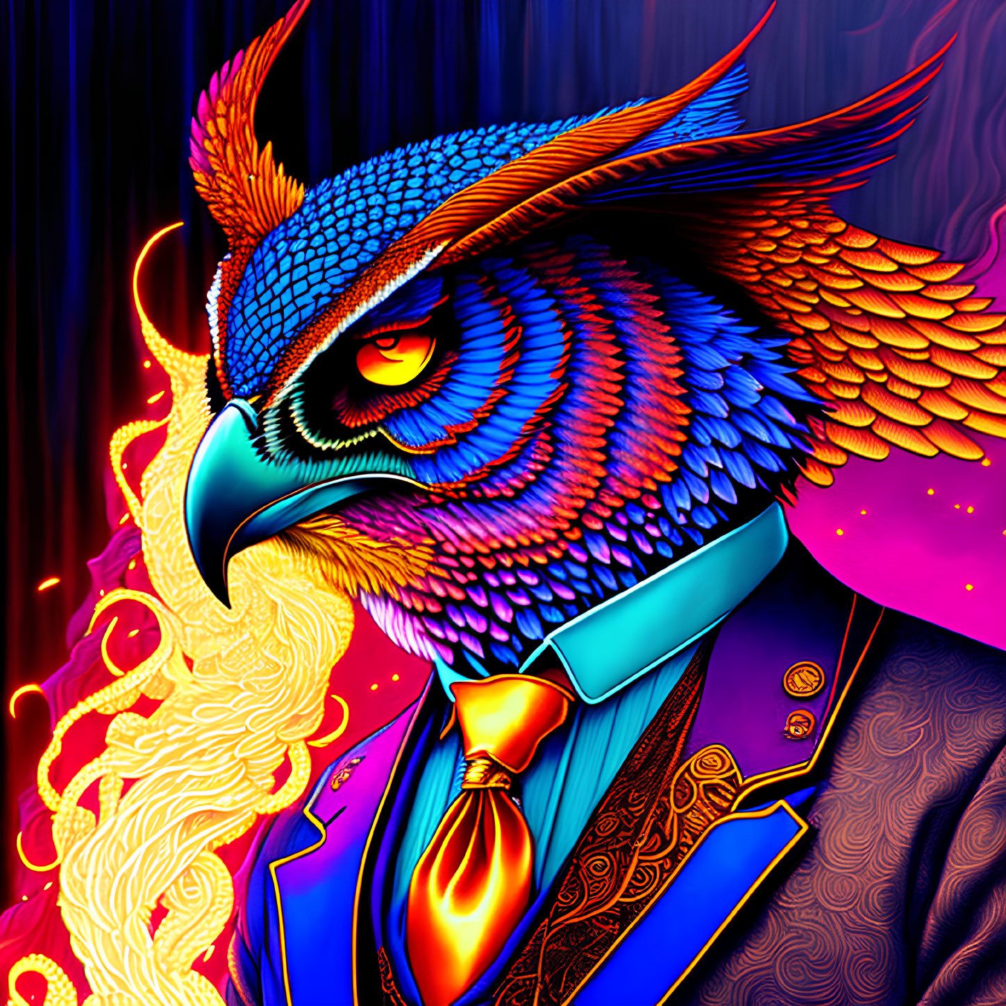 Colorful anthropomorphic owl in suit and tie with intricate plumage.