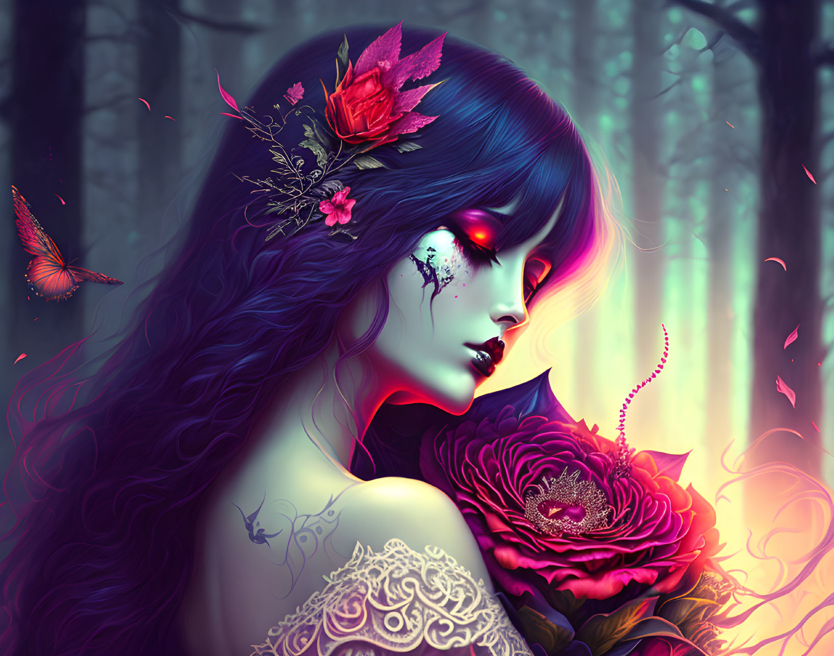 Vibrant woman with long hair and flowers in magical forest scene