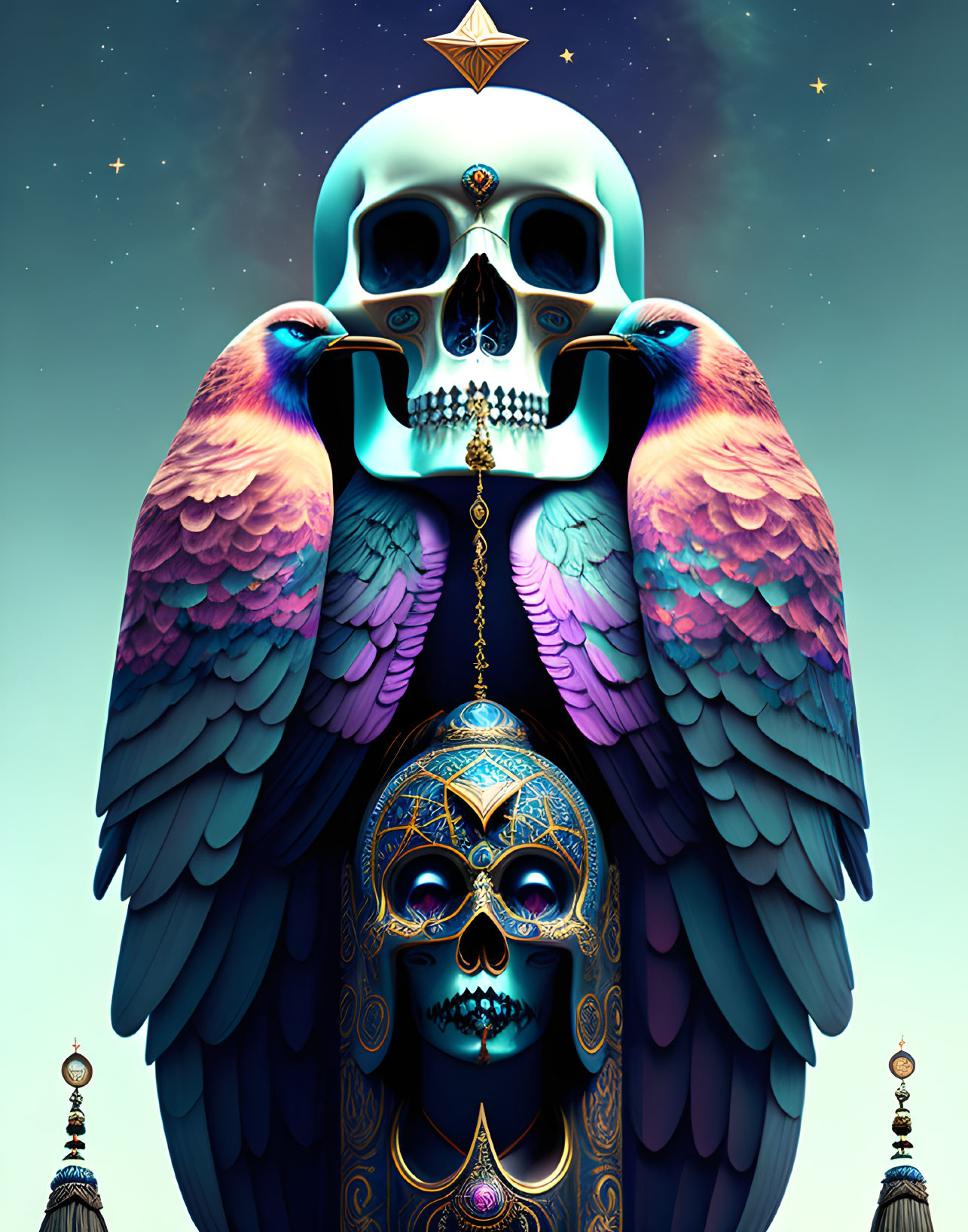 Colorful Birds Mirrored with Skull and Ornate Figure in Surreal Illustration