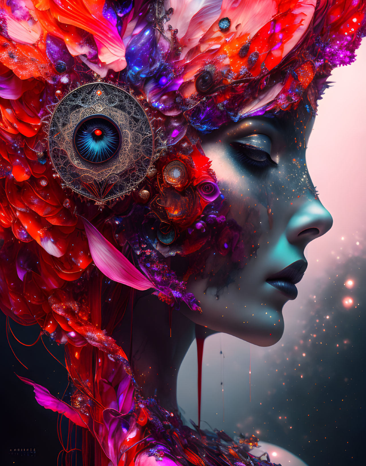 Female figure with ornate headdress in surreal portrait