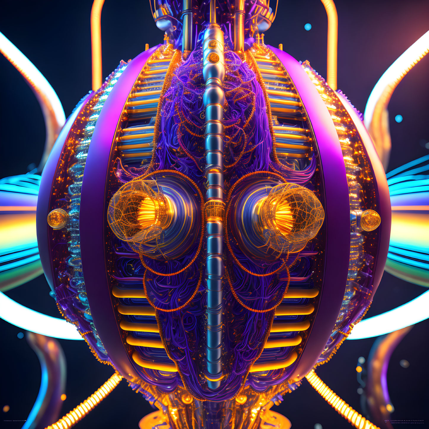 Symmetrical futuristic 3D render with glowing fibers and metallic structures