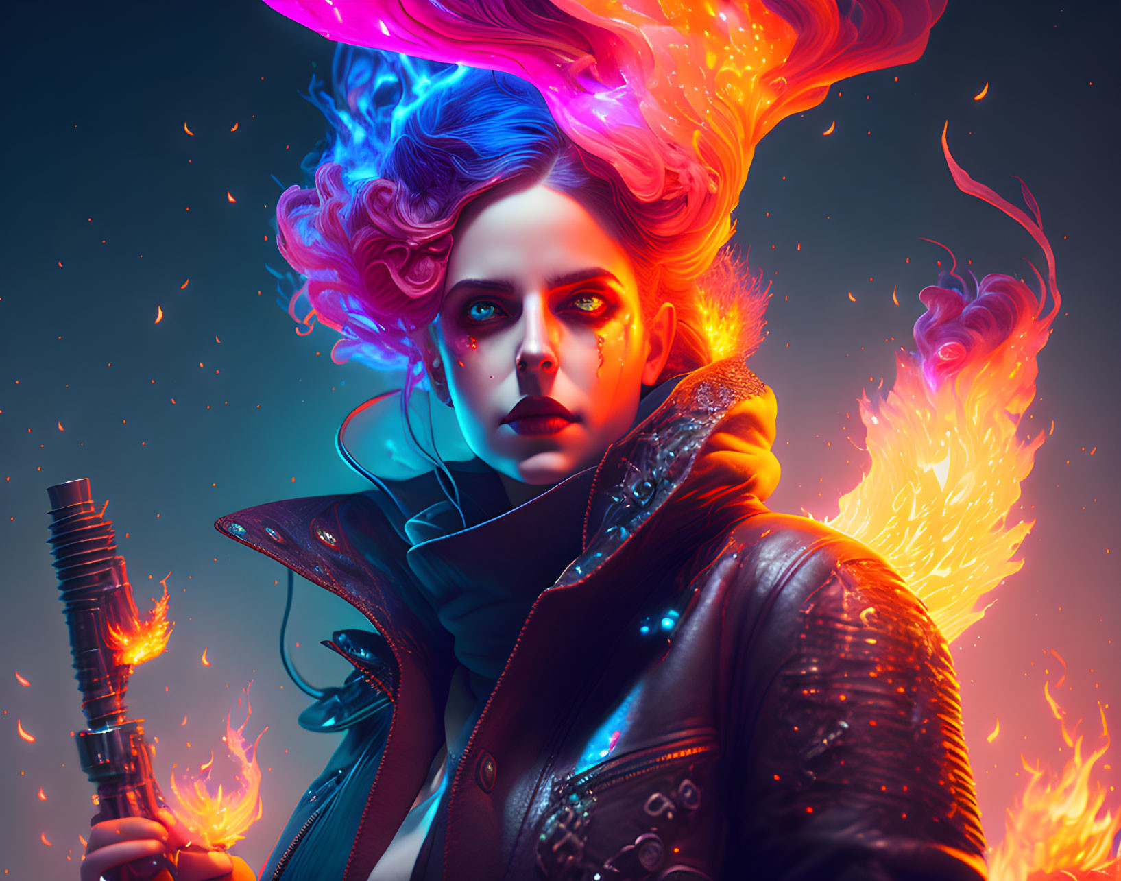 Digital artwork of woman with fiery hair & torch against dark, mystic backdrop in vivid blue & red