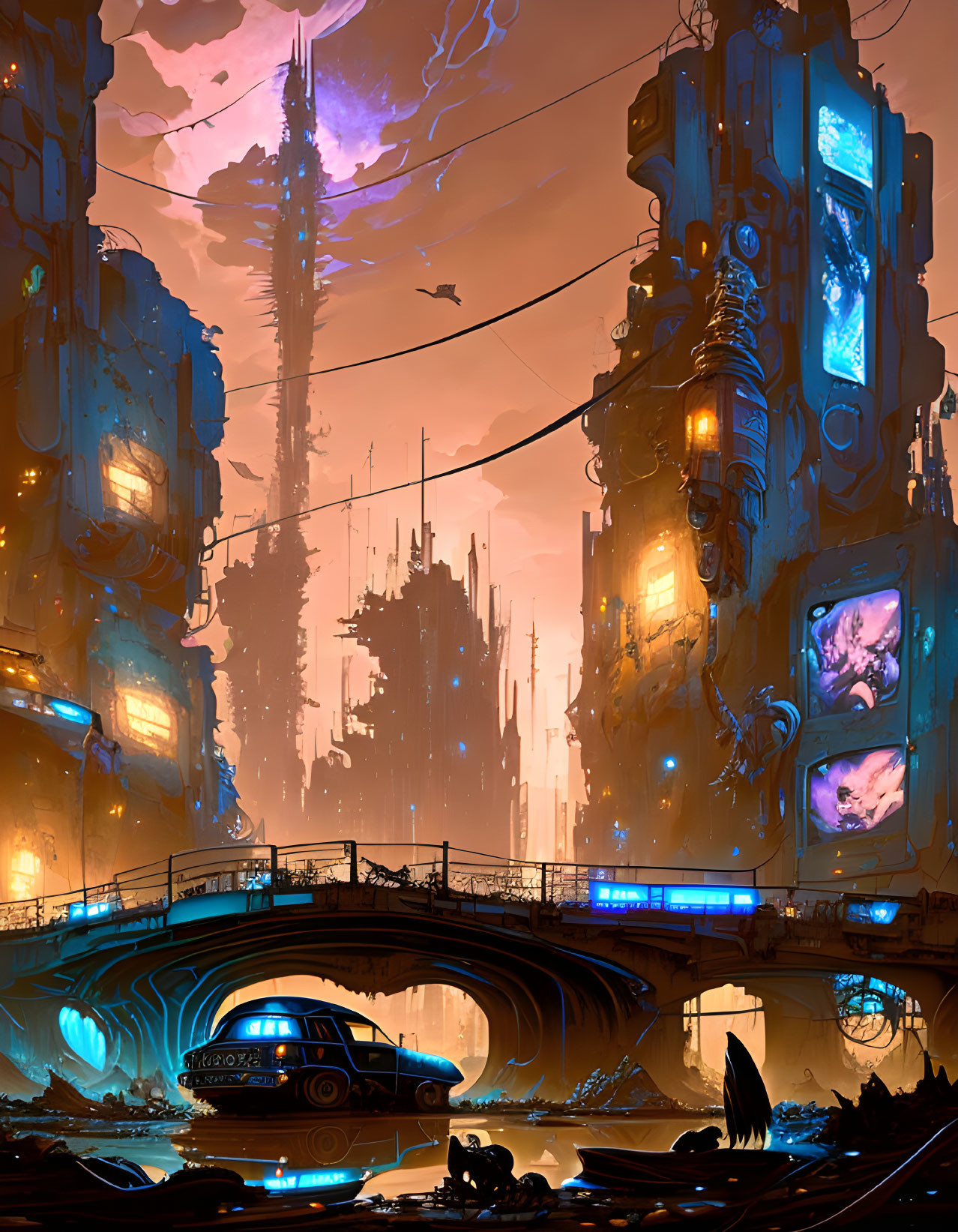 Futuristic cityscape at dusk with towering buildings and neon signs