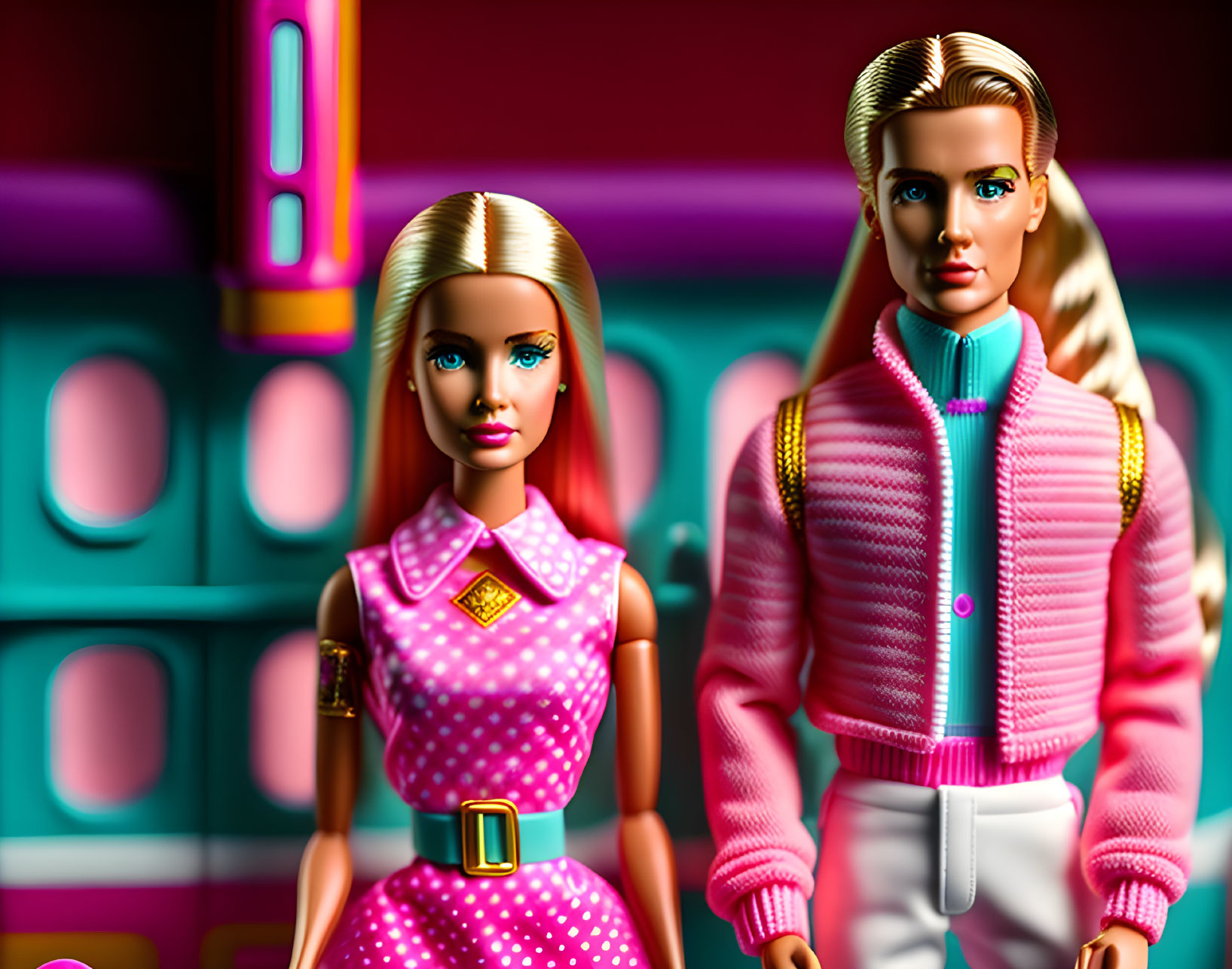 Colorful Barbie Dolls in Bright Outfits Against Toy Shelf Background