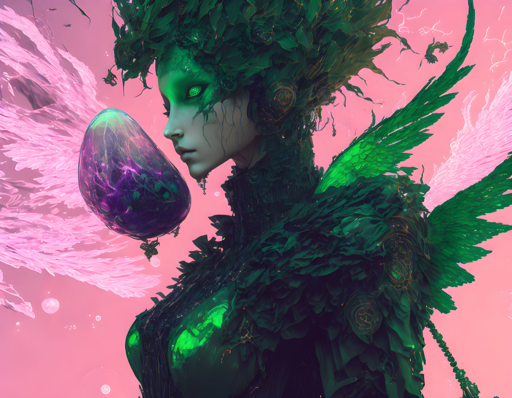 Green-skinned fantasy figure with elaborate headpiece holding purple egg-like object in front of pink backdrop with