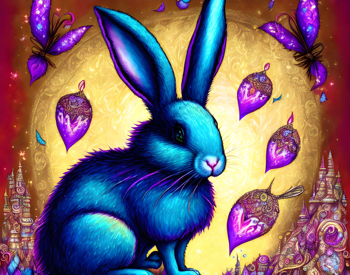 Colorful Blue Rabbit with Butterflies on Golden Background