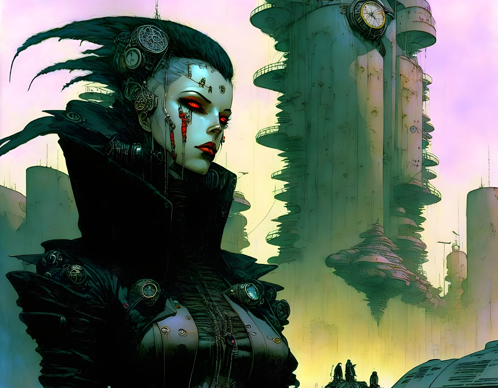 Cyberpunk female character with elaborate headgear in futuristic cityscape