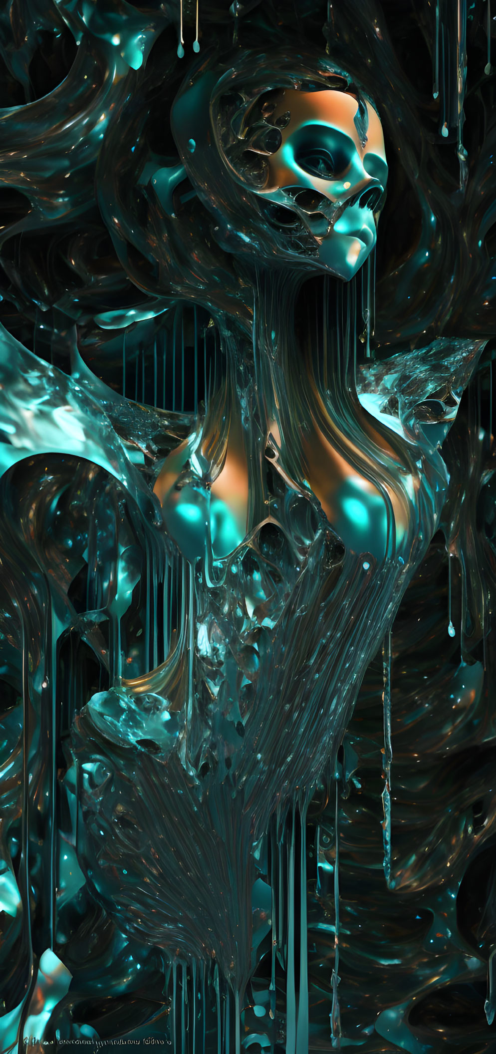 Abstract digital artwork: humanoid figure with mask in glossy turquoise environment