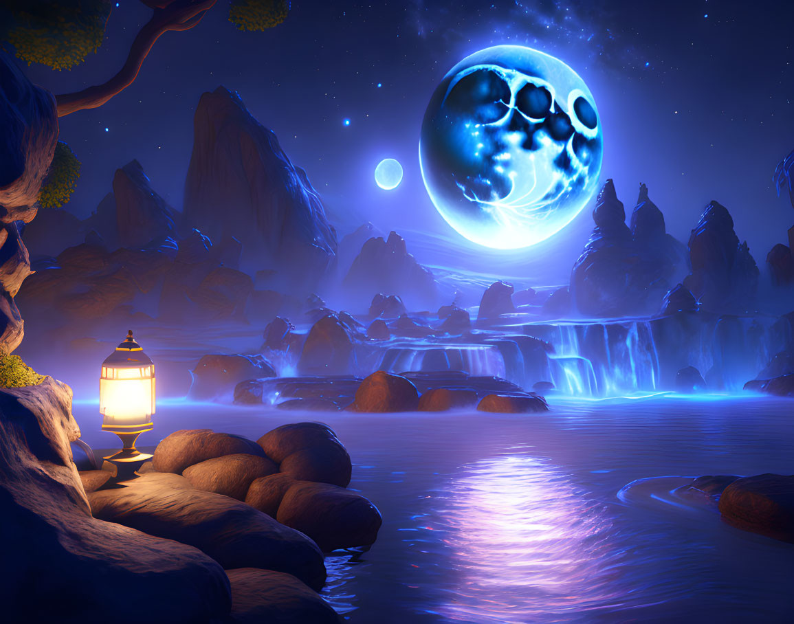 Tranquil night landscape with glowing lantern, stream, waterfall, rocky terrain, and large moon.