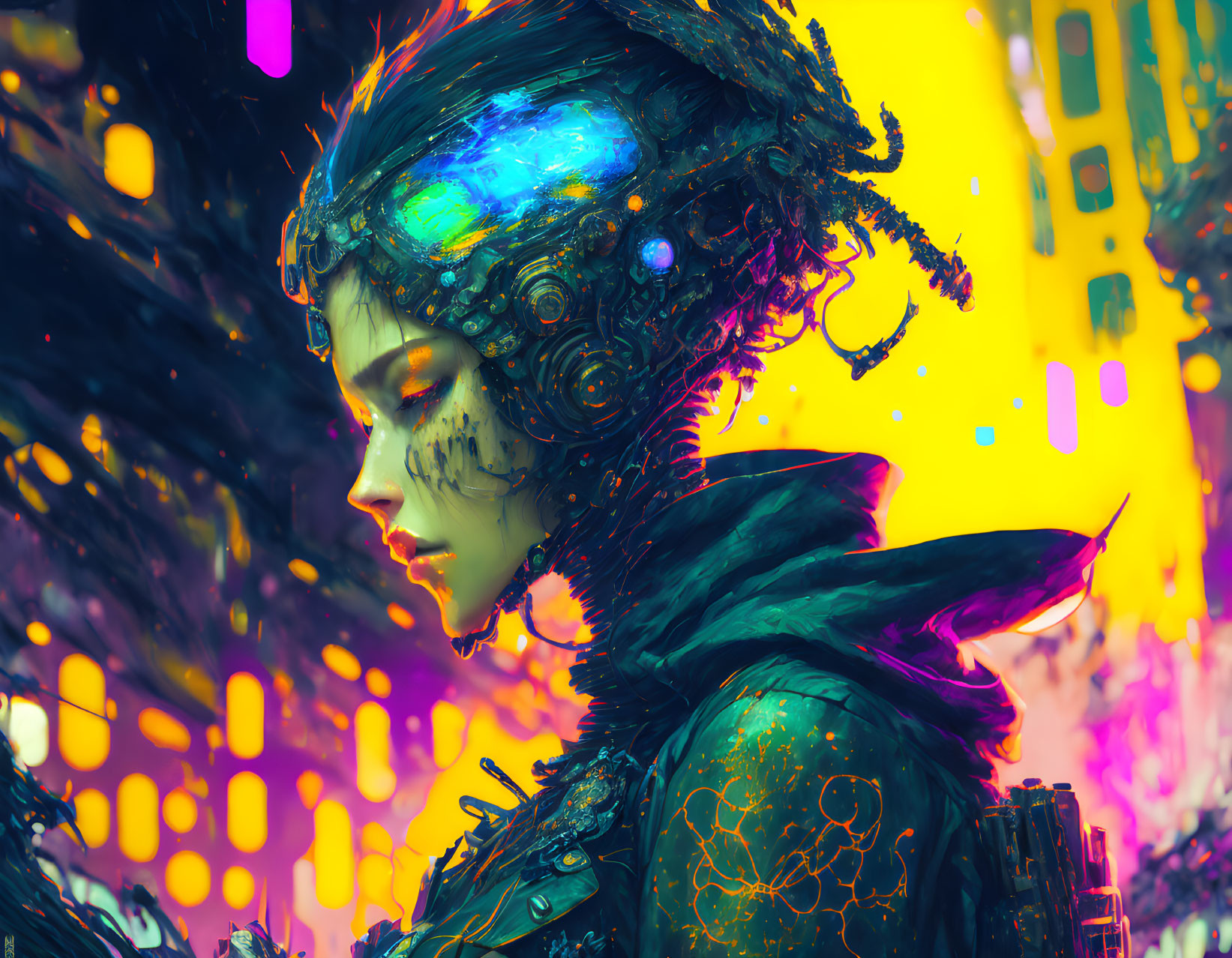 Futuristic woman with cybernetic headpiece and circuitry against neon-lit backdrop