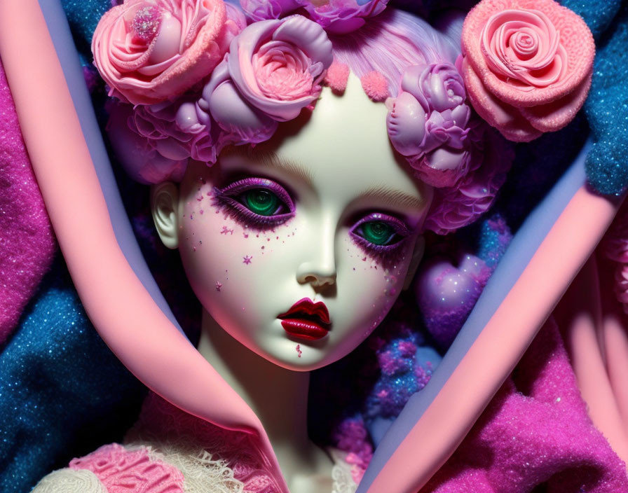 Artistic doll with green eyes, purple hair, pink roses, pink and blue ribbons, textured