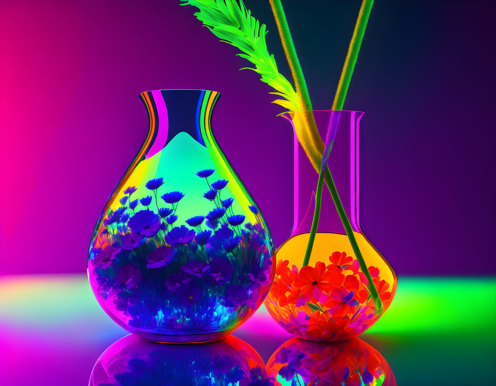 Colorful Glass Vases with Floral Patterns and Feathers on Neon-lit Background