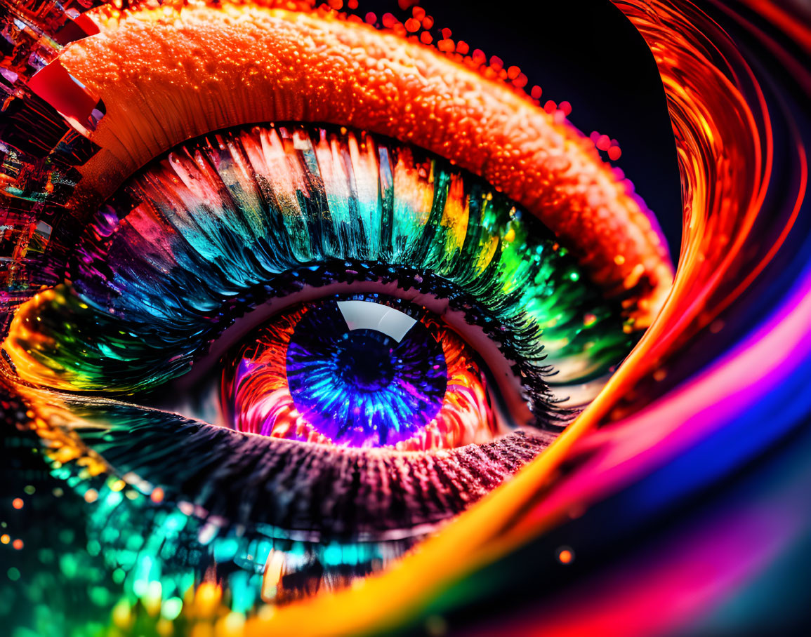 Colorful Close-Up: Psychedelic Eye with Neon Lights and Swirling Patterns