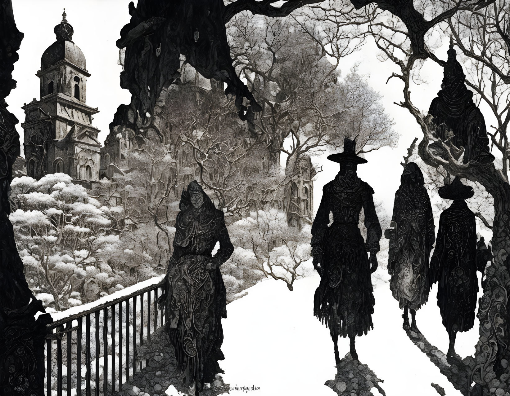 Monochrome artwork: Cloaked figures in snow-covered landscape