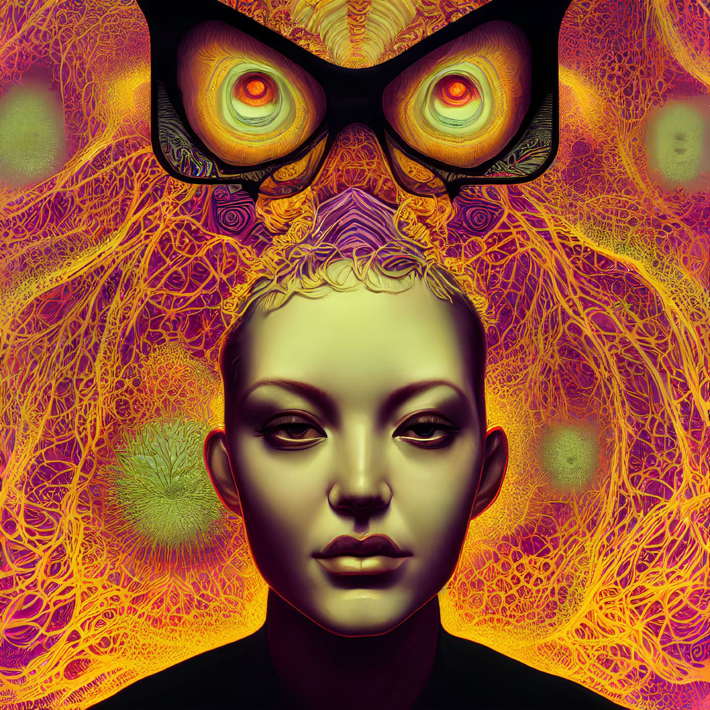 Vivid surreal illustration with stylized human face and butterfly above forehead