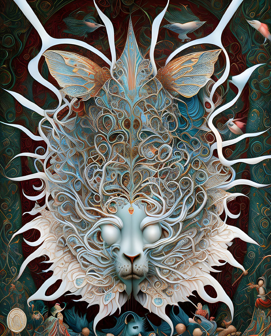 Symmetrical Cat Face Digital Artwork with Elaborate Patterns