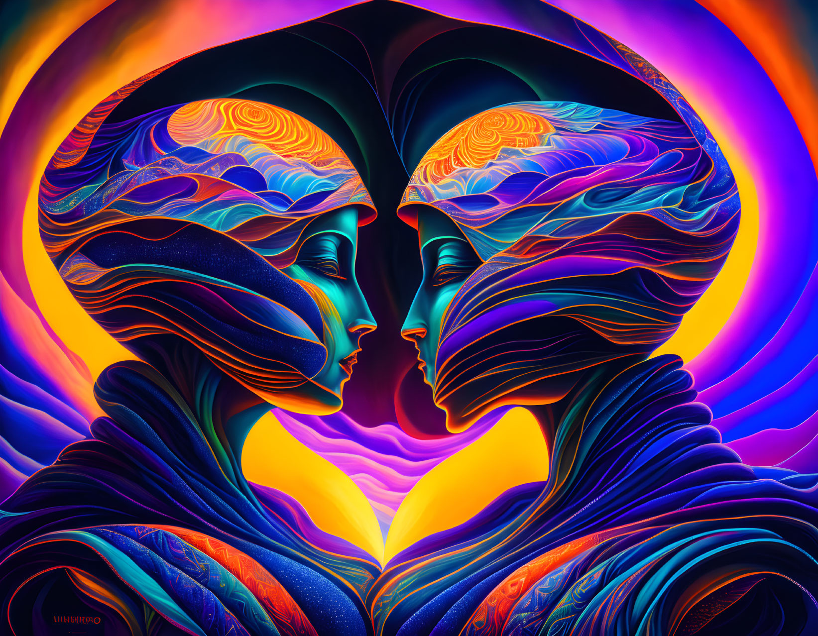 Vibrantly colored abstract humanoid figures touching foreheads