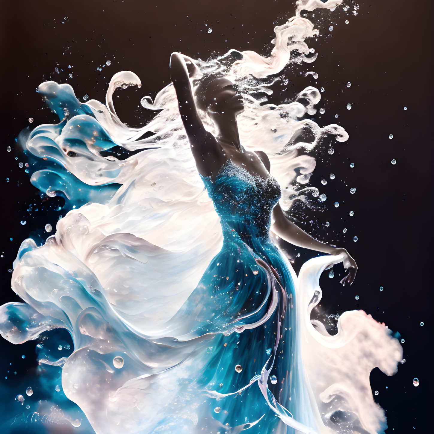 Silhouette of woman in flowing dress with water splashes on dark background