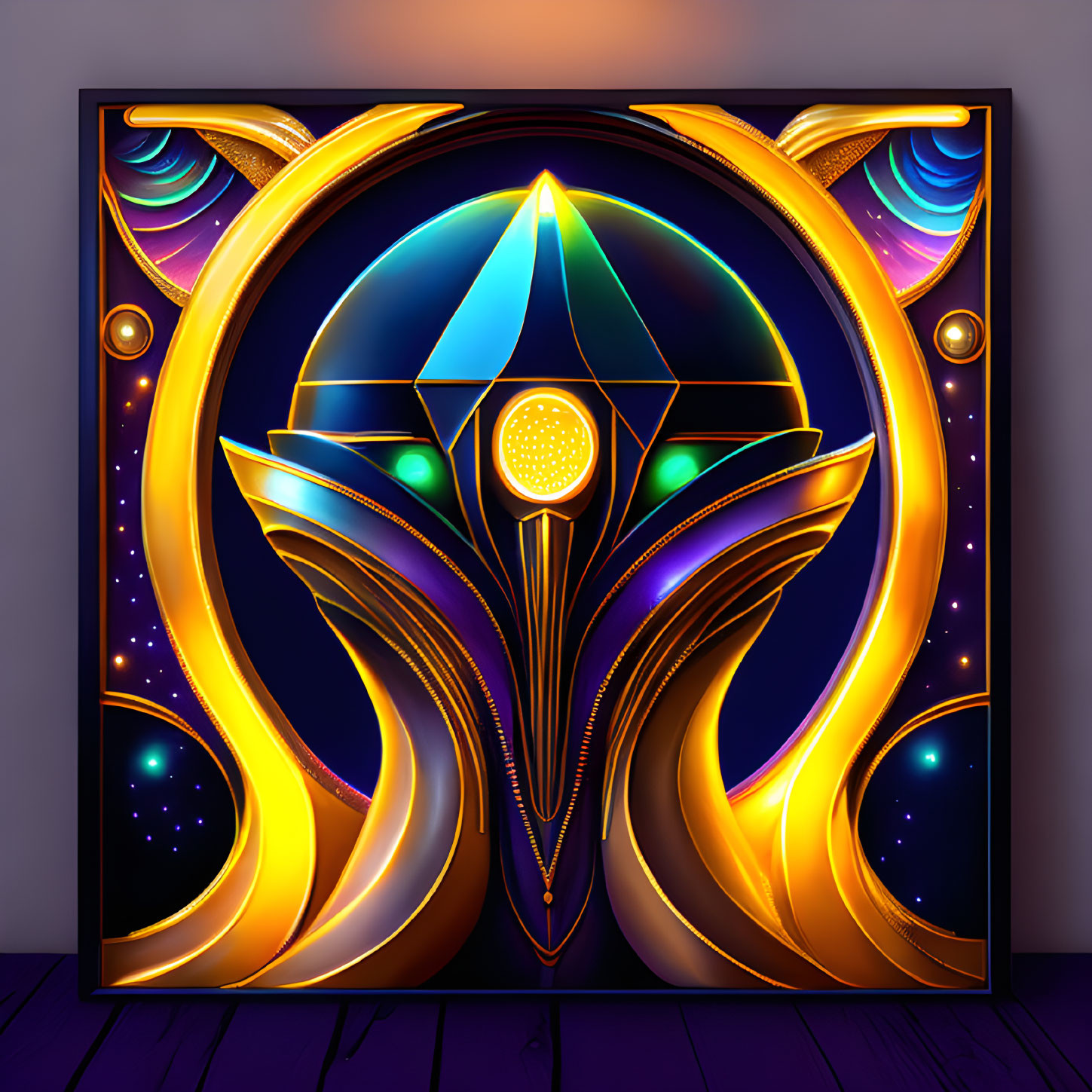 Symmetrical abstract digital art with gem centerpiece and golden curves