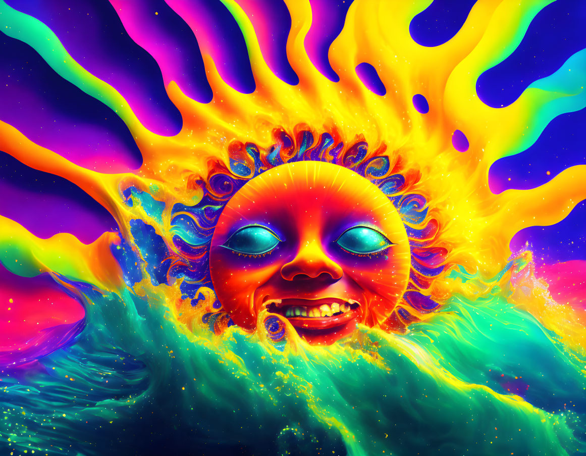 Colorful Psychedelic Sun with Human Face in Cosmic Background