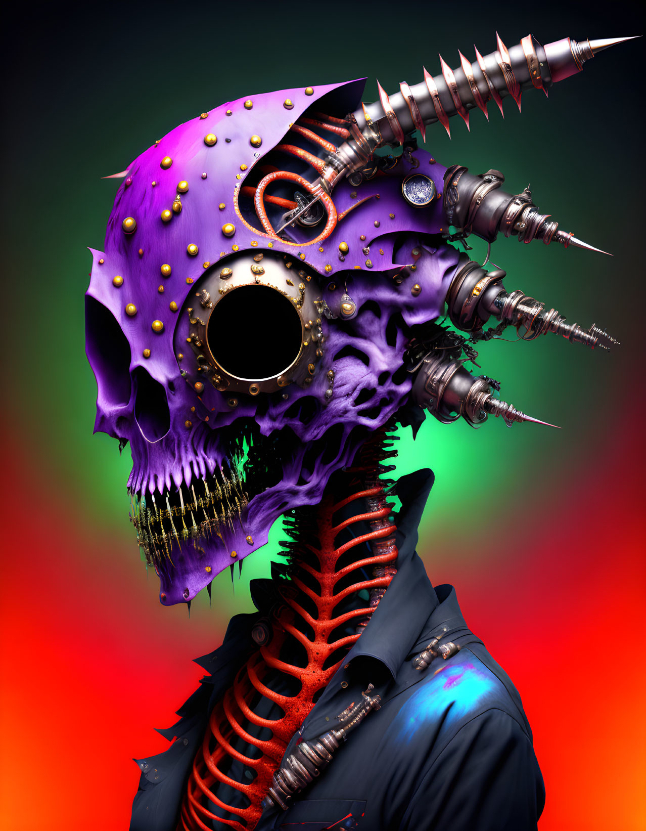 Colorful Cyberpunk Skull Artwork with Metallic Mohawk & Mechanical Eye