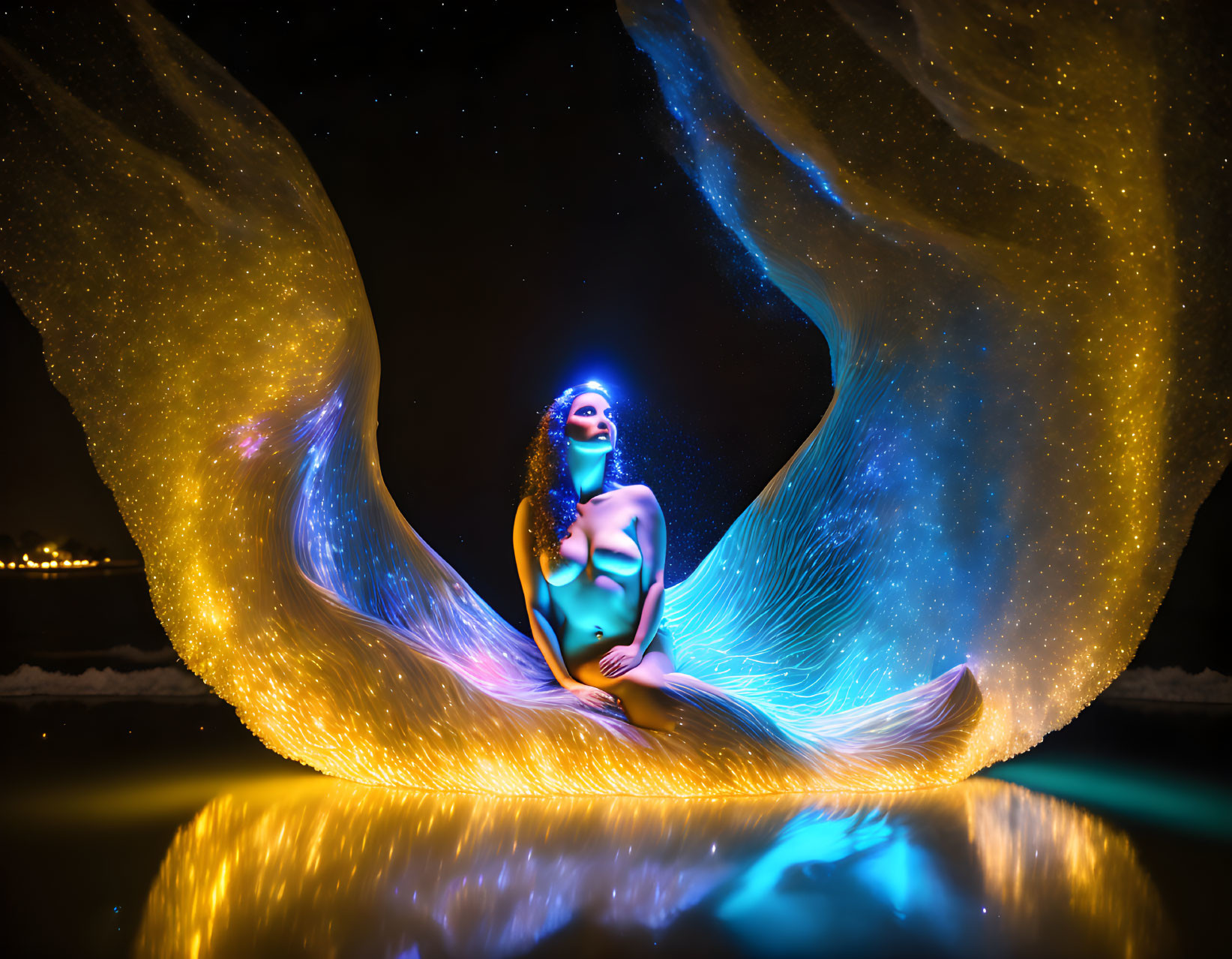 Person with Body Paint Sitting in Light Swirl on Starry Night Background