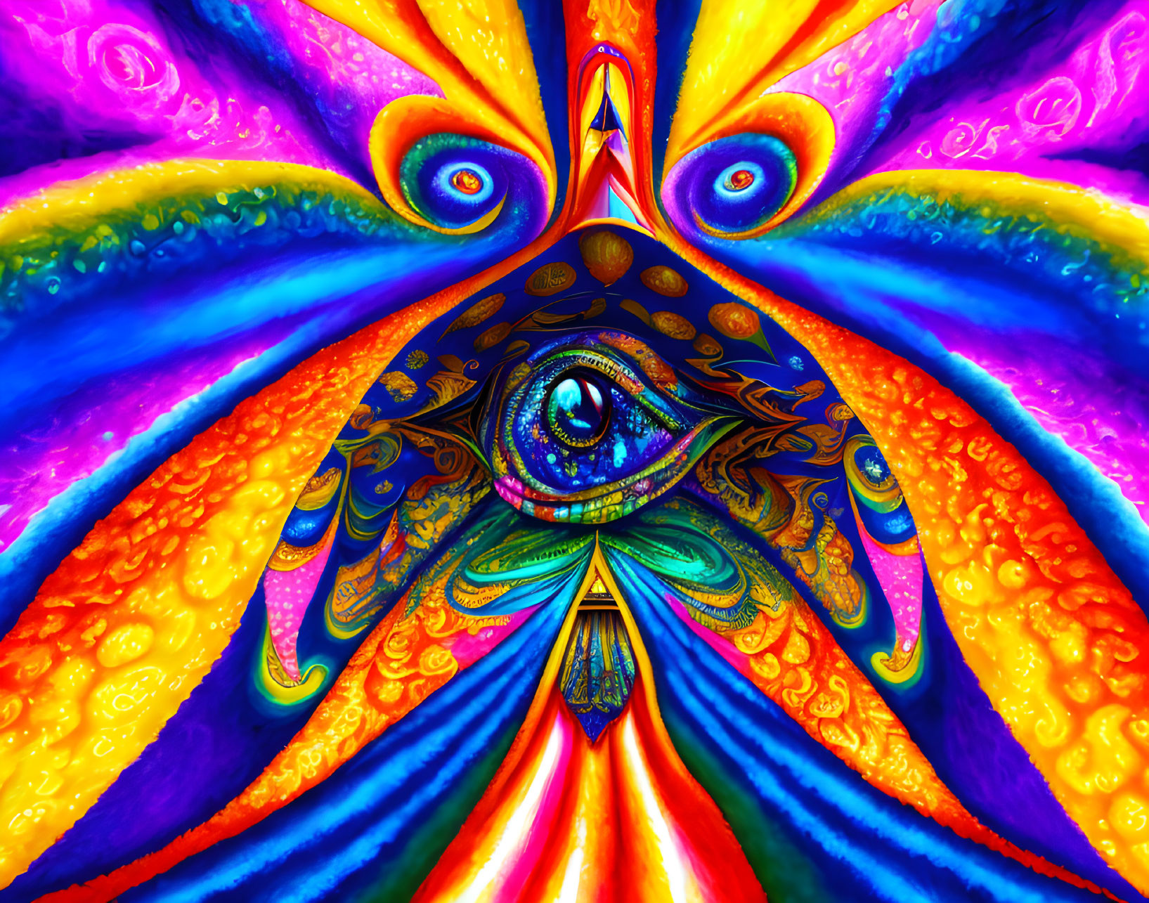 Psychedelic digital art: central eye, floral & avian motifs