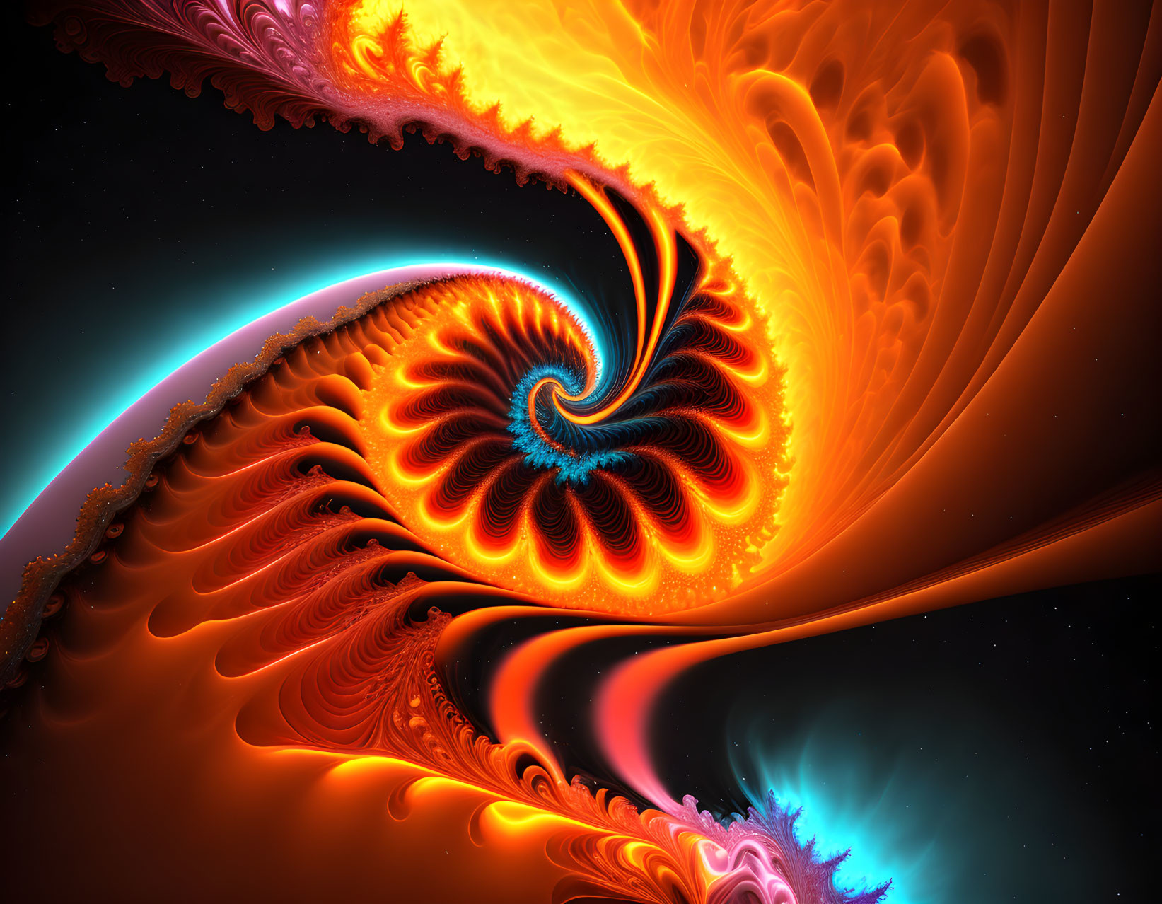 Colorful Swirling Fractal Pattern in Fiery Hues on Dark Background