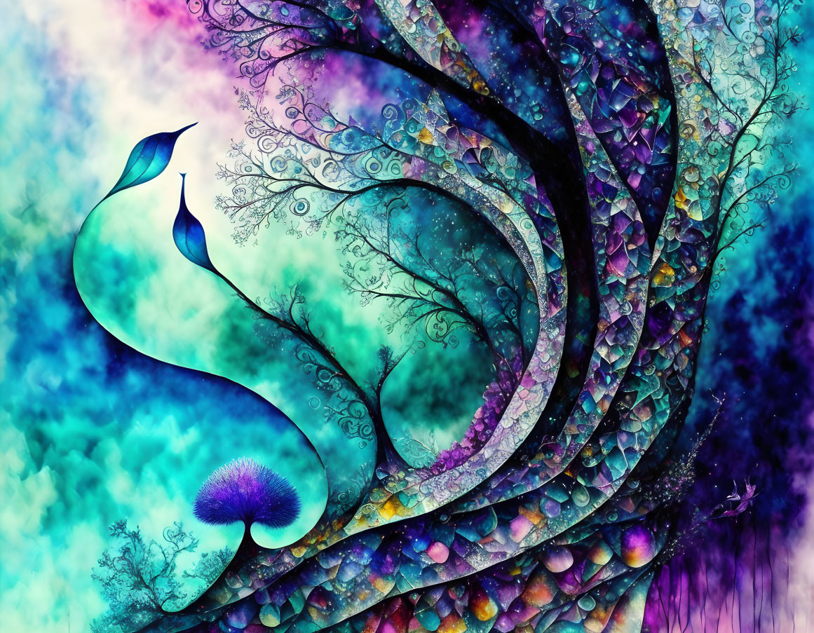 Vibrant peacock art with whimsical tree on blue and purple backdrop