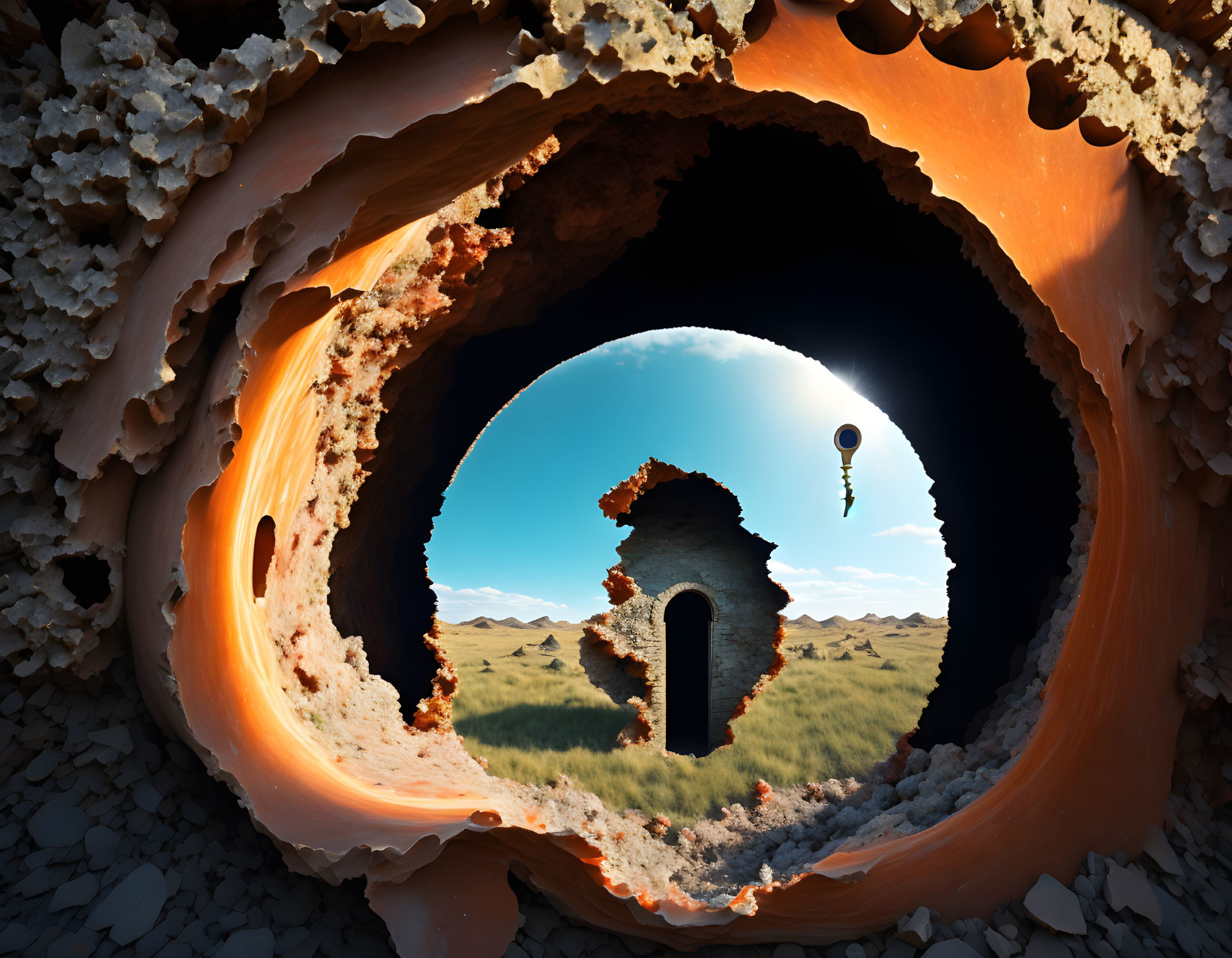 Distorted circular desert landscape with hot air balloon view.