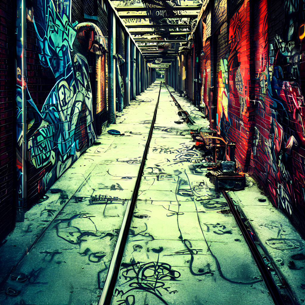 Vibrant graffiti in urban alley with scattered trash and track