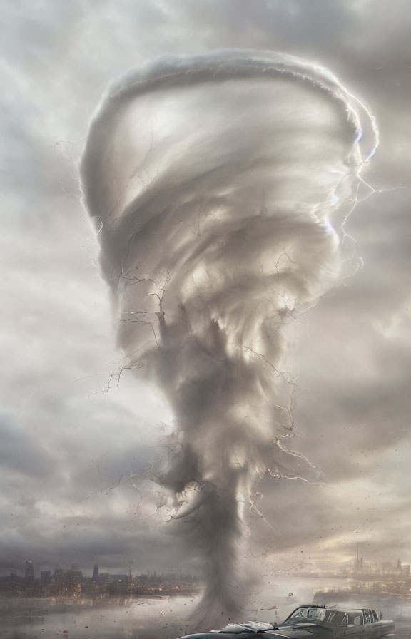 Destructive tornado with lightning strikes over cityscape