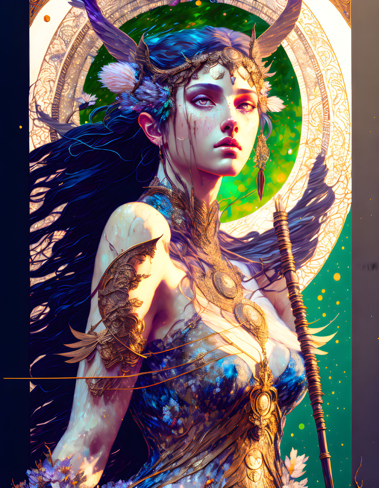 Fantasy female character with horns and celestial backdrop