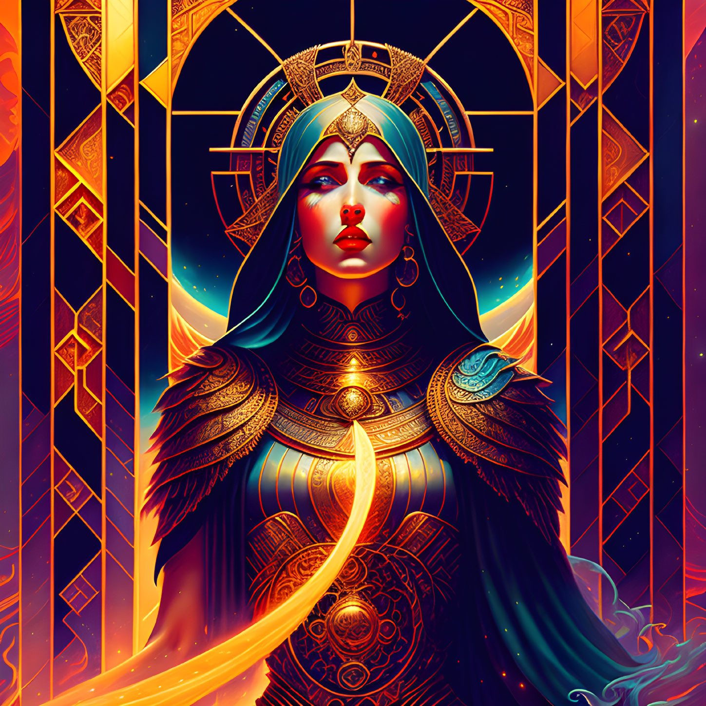 Regal woman in golden headdress and armor on warm geometric background