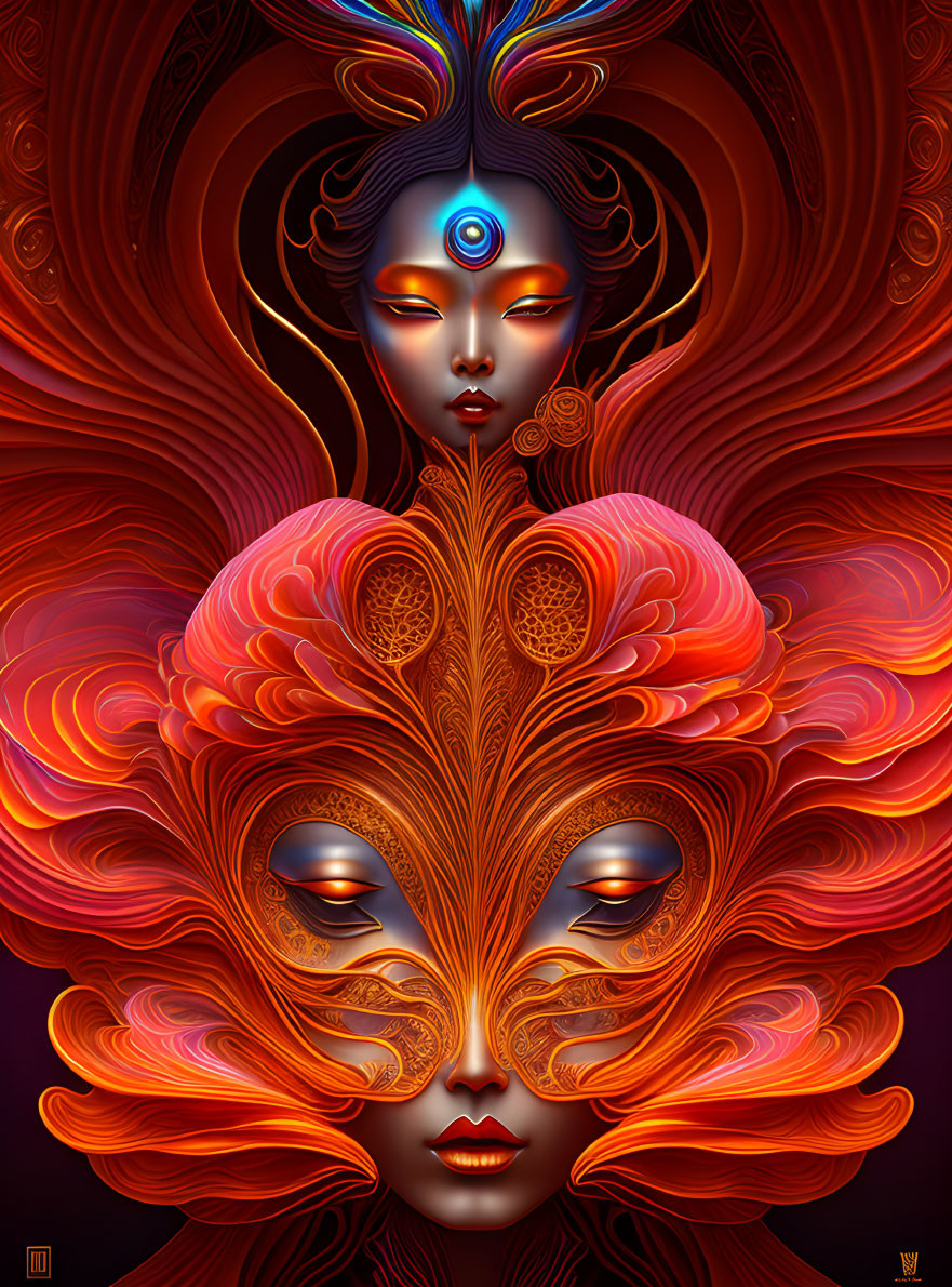 Digital Art: Swirling Red-Orange Patterns Form Masked Woman's Face