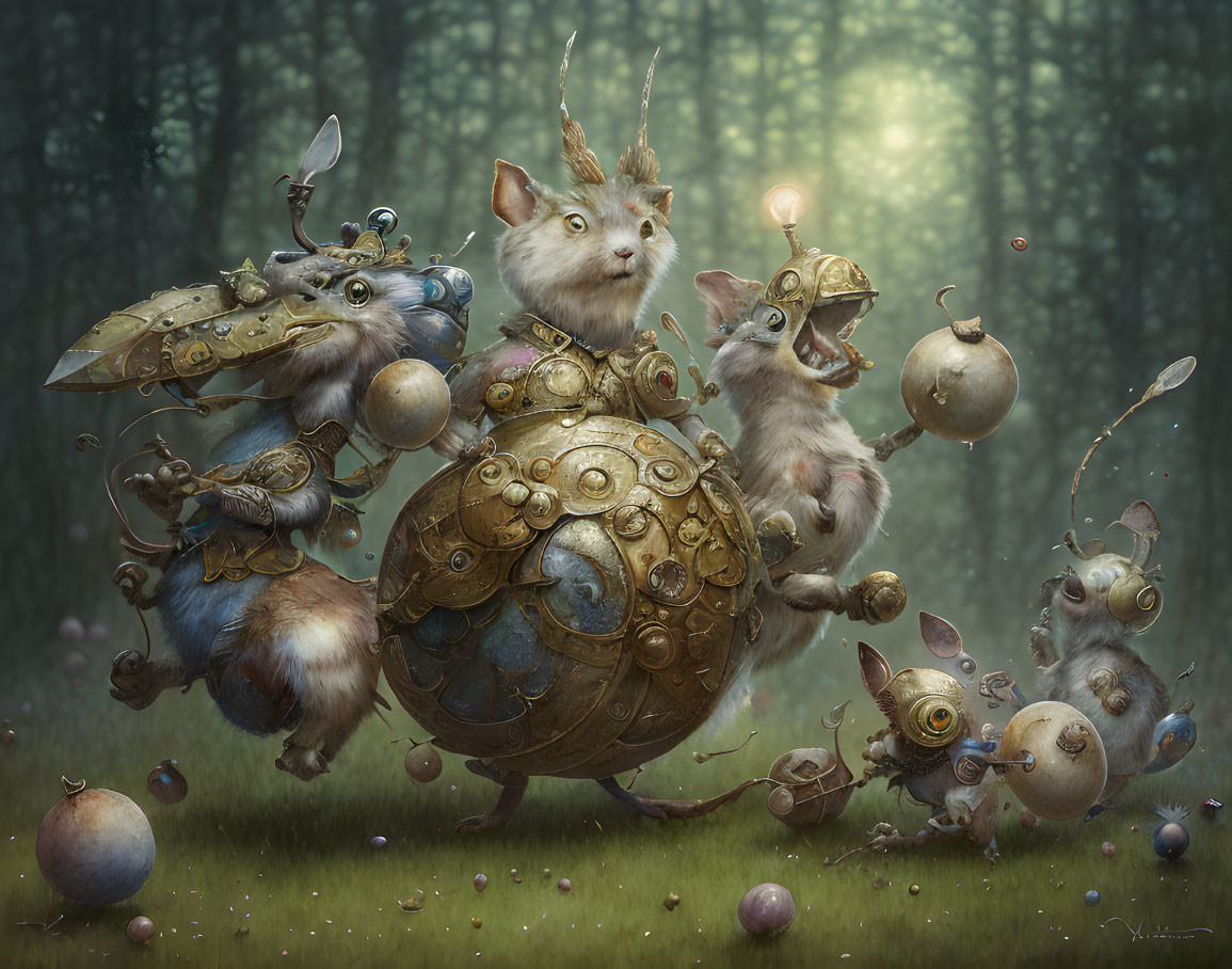 Whimsical armored rabbits with mechanical elements in enchanted forest