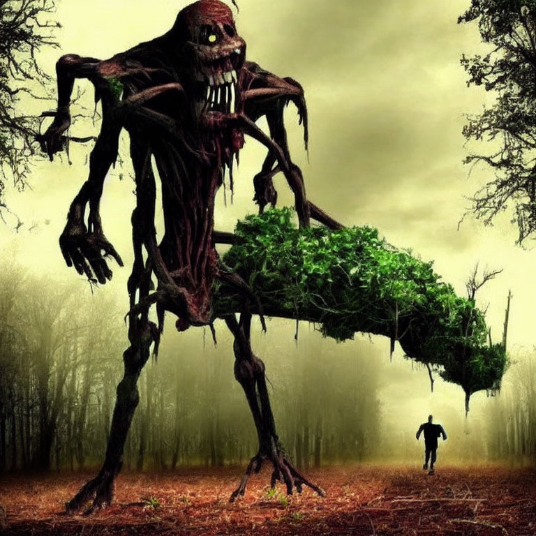 Sinister tree-like creature in dark forest with fleeing person