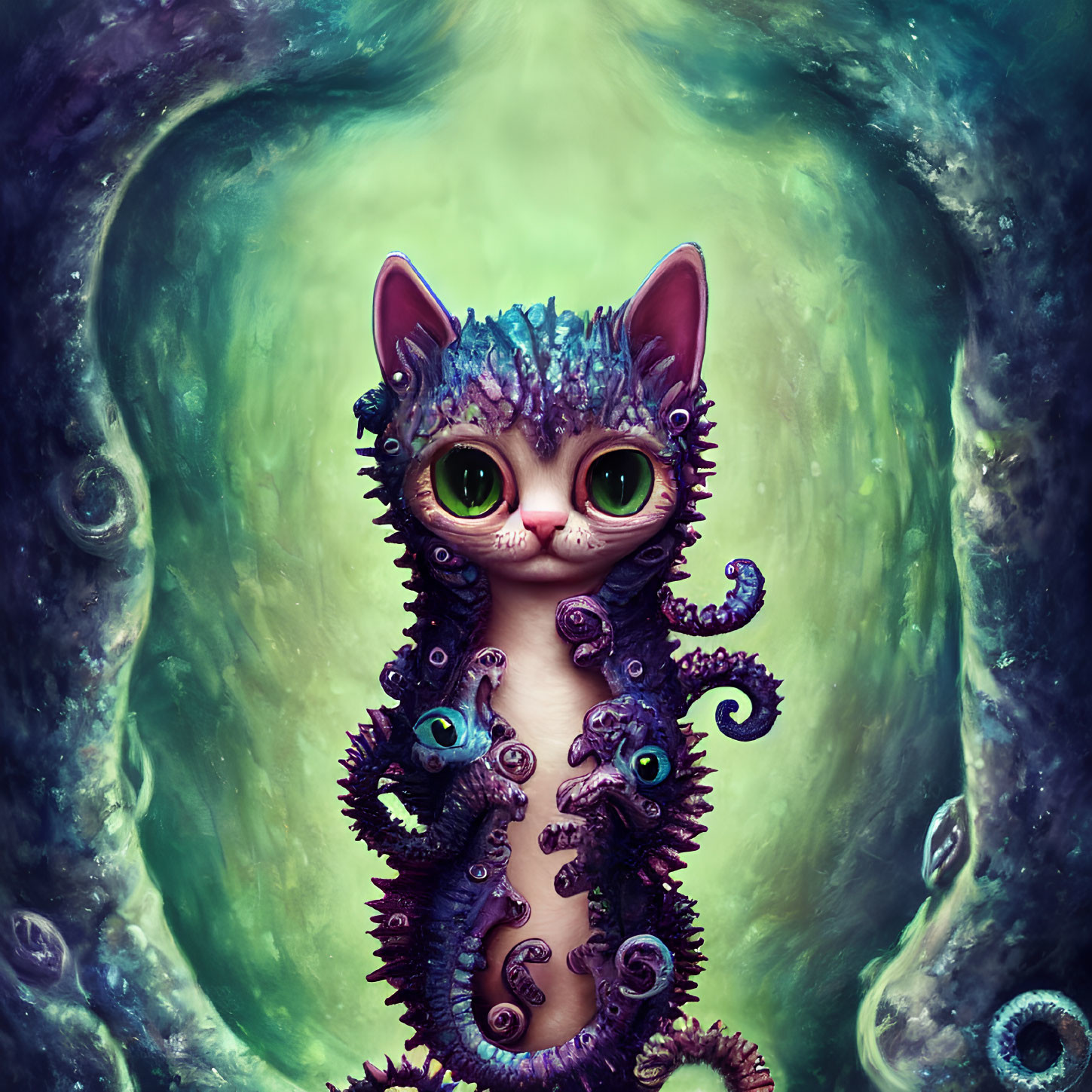 Fantastical kitten-like creature with green eyes and purple tendrils on swirling green backdrop