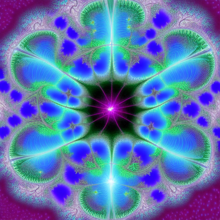 Symmetrical fractal image with vibrant purple, blue, and green hues and a luminous pink center