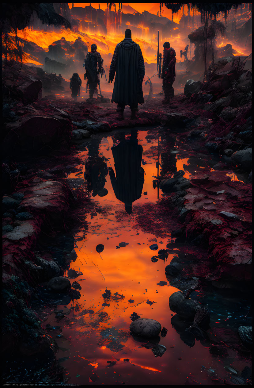 Figures in dystopian landscape with fiery sky, barren trees, and crimson pool