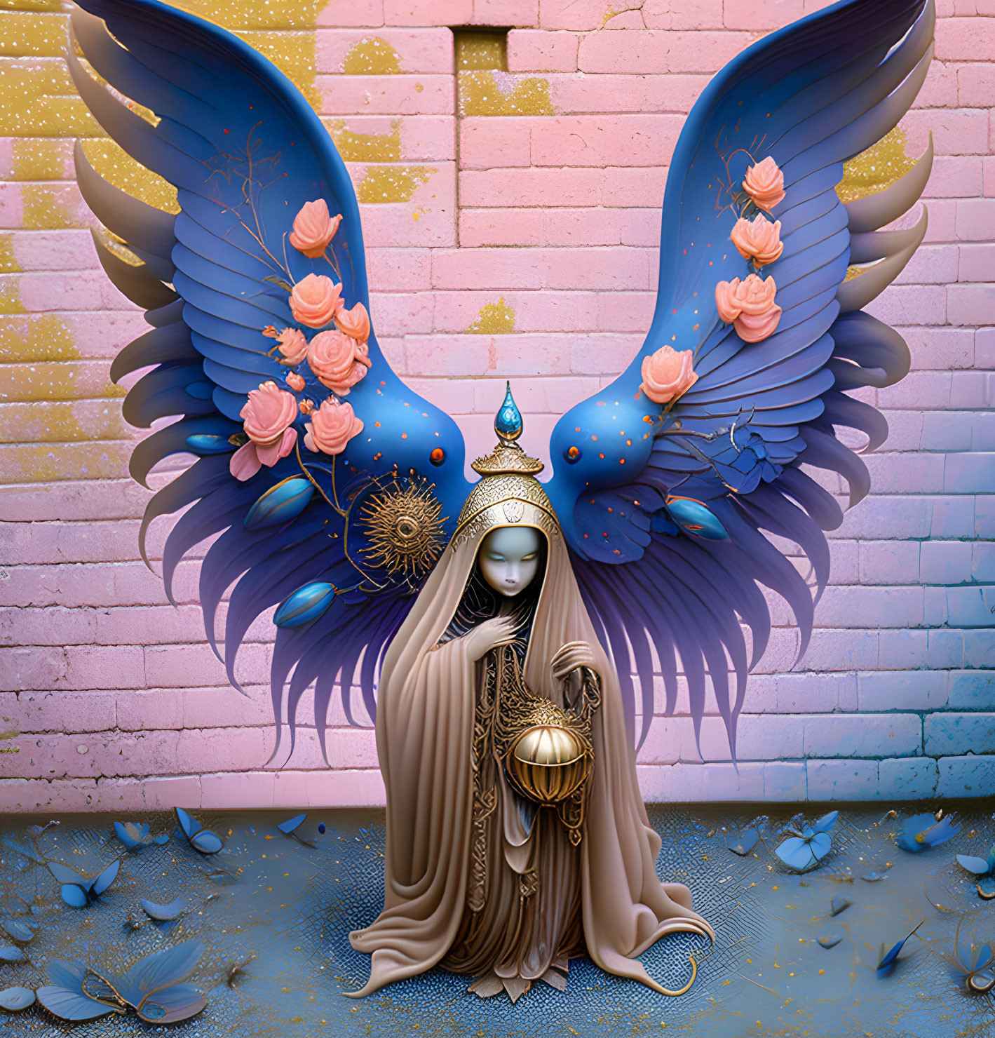 Figure with veiled face, robe, orb, blue wings, roses on pink brick wall.